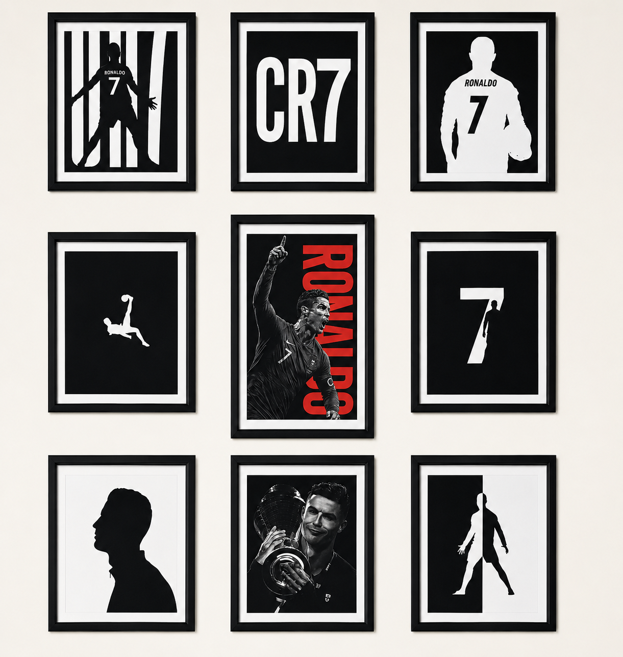 Cristiano Ronaldo (CR7) 9-Piece Wall Frame Collection | Premium Football Wall Art & Room Decor for Fans